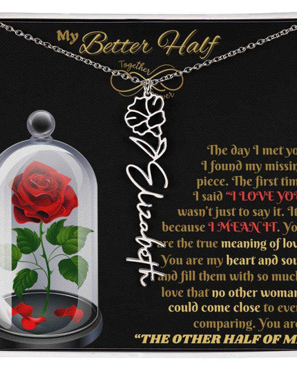 polished stainless steel flower name necklace in soft box 