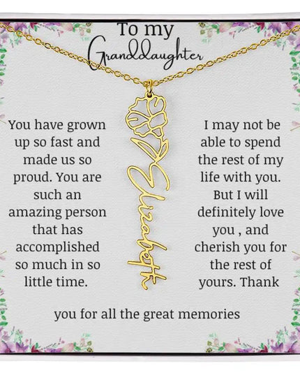a yellow gold finish September birth flower name necklace.