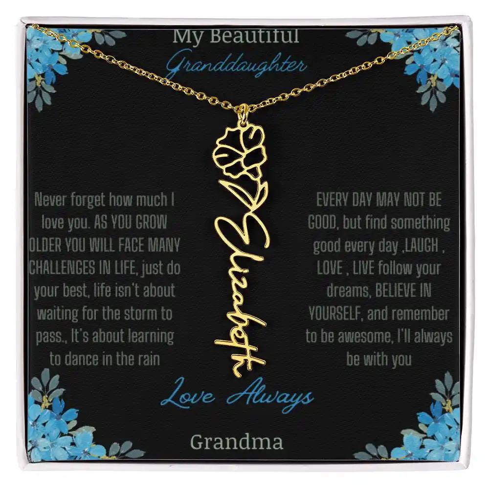 Birth Flower Name Necklace on a to granddaughter from grandma greeting card close up of a