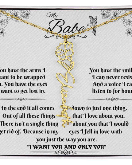 gold flower name necklace in soft box