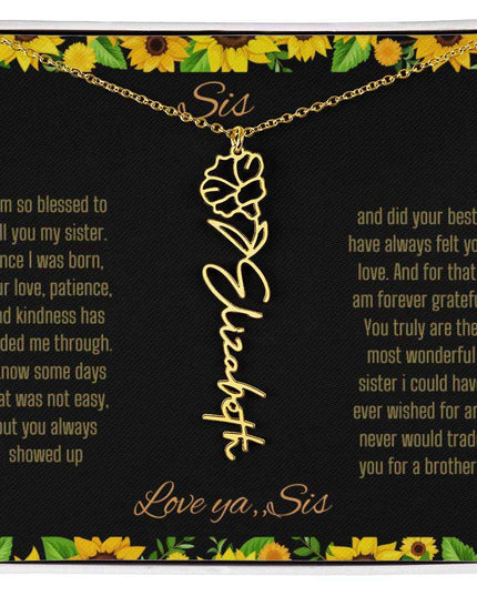 Birth Flower Name Necklace with a yellow gold variant of a flower on a To Sis from Sis message card up close