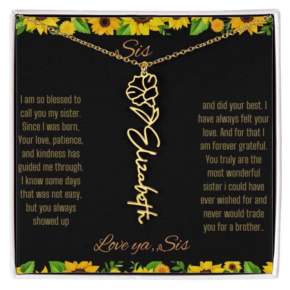 Birth Flower Name Necklace with a yellow gold variant of a flower on a To Sis from Sis message card up close