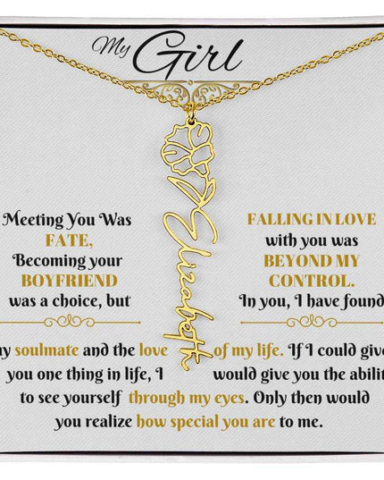 gold flower name necklace in soft box