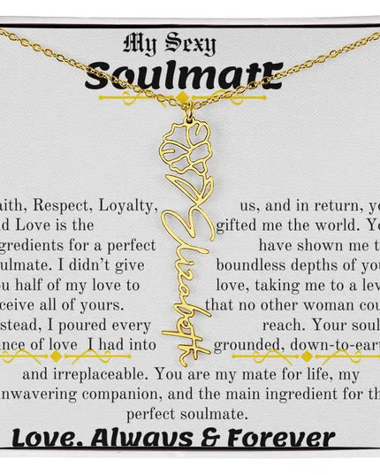 a birth flower name necklace in yellow gold for September.