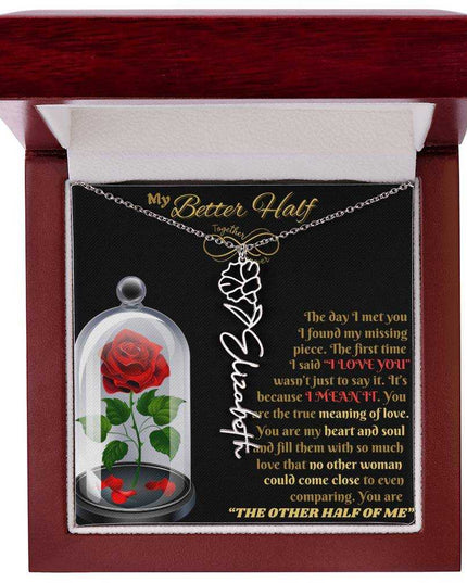 polished stainless steel flower name necklace in luxury box