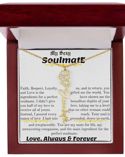 a birth flower name necklace in yellow gold for September in a mahogany box.