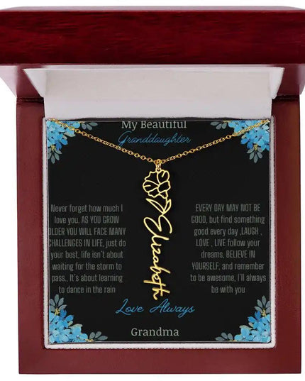 Birth Flower Name Necklace on a to granddaughter from grandma greeting card close up of a