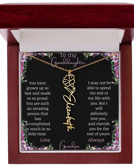 Birth Flower Name Necklace with a to granddaughter from grandpa greeting card and a flower charm.