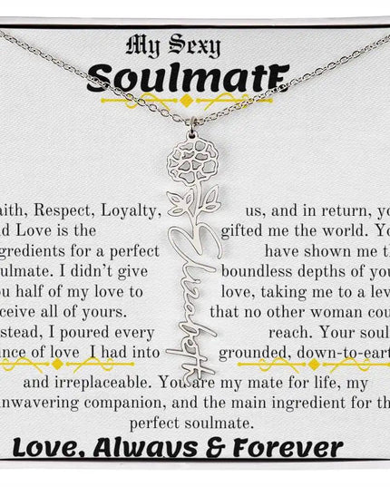 a birth flower name necklace in polished stainless steel for October.