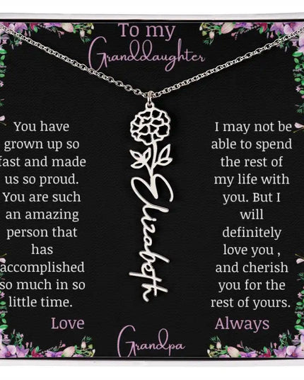 Birth Flower Name Necklace with a to granddaughter from grandpa greeting card and a flower charm.