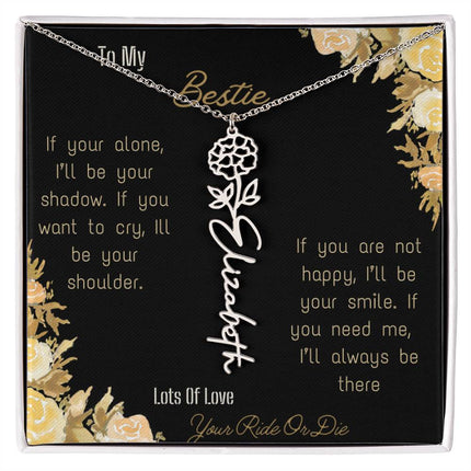 birth flower name necklace with greeting card to bestie in two tone box in polished stainless steel