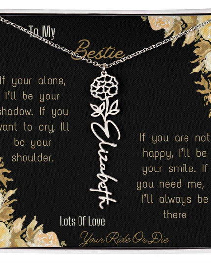 birth flower name necklace with greeting card to bestie in two tone box in polished stainless steel