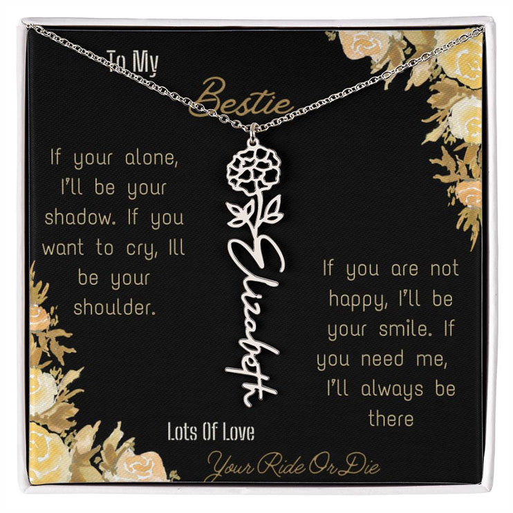 birth flower name necklace with greeting card to bestie in two tone box in polished stainless steel