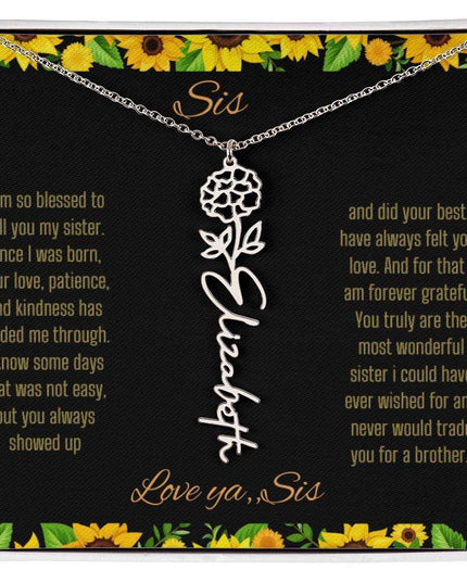 Birth Flower Name Necklace with a polished stainless-steel variant of a flower on a To Sis from Sis message card up close