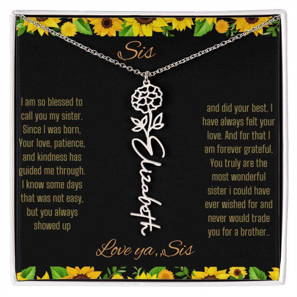 Birth Flower Name Necklace with a polished stainless-steel variant of a flower on a To Sis from Sis message card up close