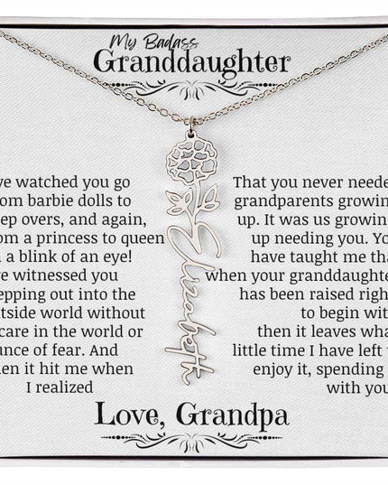 a polished stainless-steel flower name necklace.