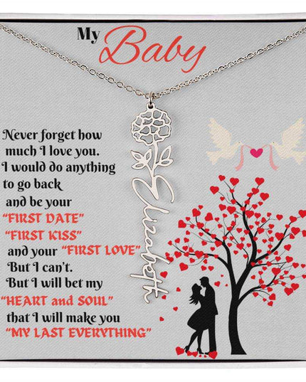 polished stainless-steel flower name necklace in soft box