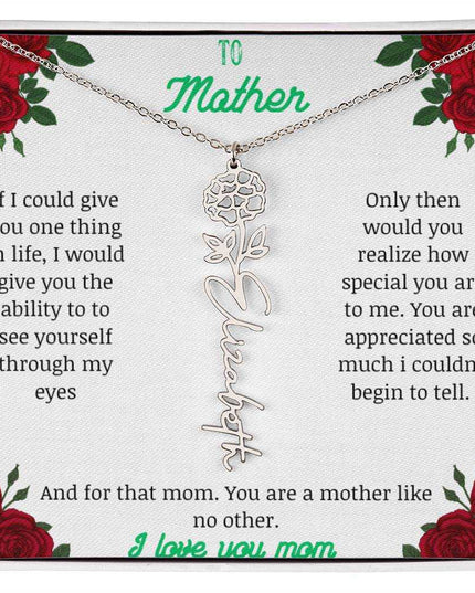 flower name necklace with white gold variant to mother message card in standard box