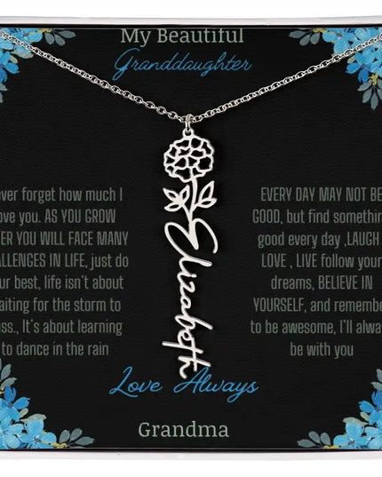 Birth Flower Name Necklace on a to granddaughter from grandma greeting card close up of a