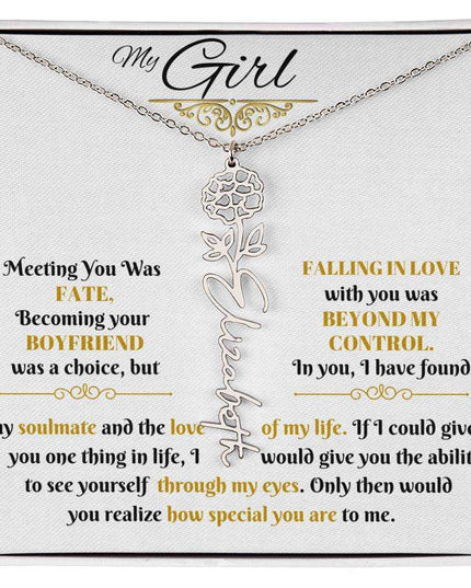 polished stainless-steel flower name necklace in soft box