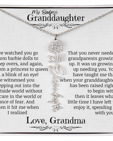 a polished stainless-steel flower name necklace for October.