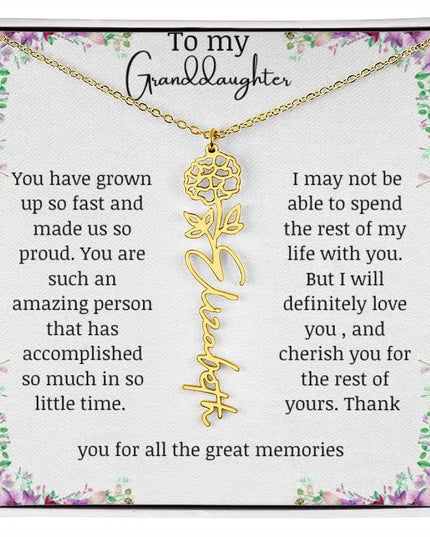 a yellow gold finish October birth flower name necklace.