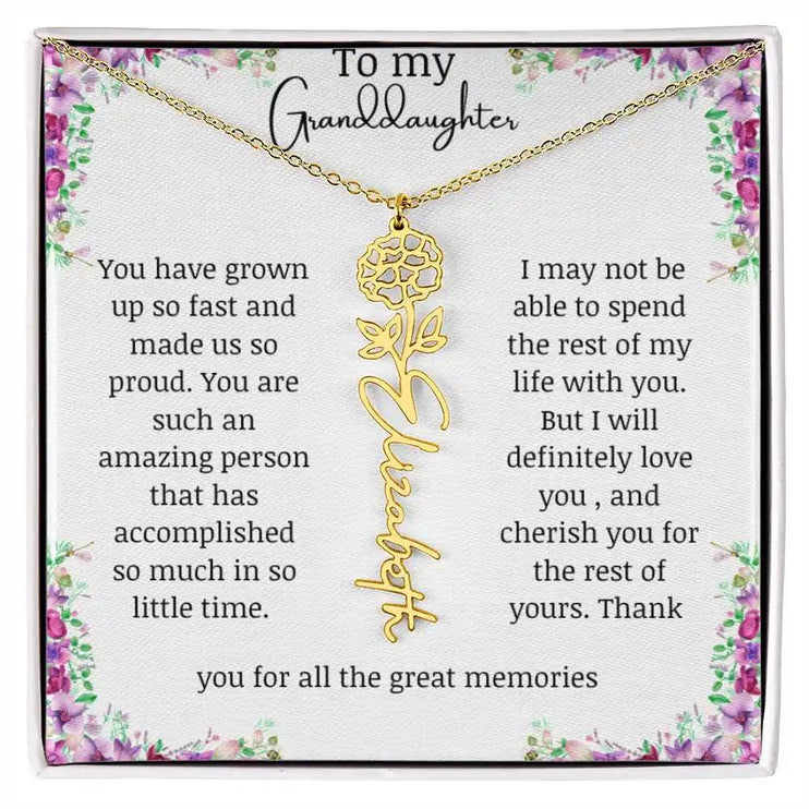 a yellow gold finish October birth flower name necklace.