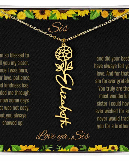 Birth Flower Name Necklace with a yellow gold variant of a flower on a To Sis from Sis message card up close