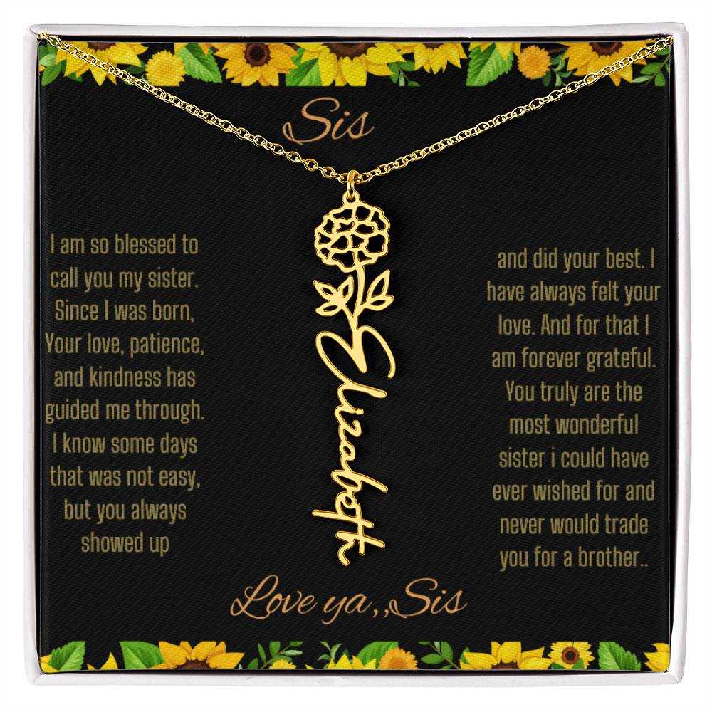 Birth Flower Name Necklace with a yellow gold variant of a flower on a To Sis from Sis message card up close