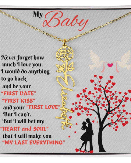 gold flower name necklace in soft box