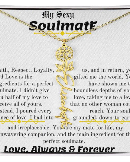 a birth flower name necklace in yellow gold for October.