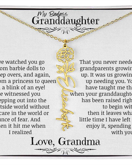 a yellow gold flower name necklace for October .
