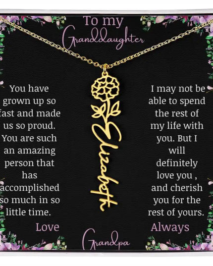 Birth Flower Name Necklace with a to granddaughter from grandpa greeting card and a flower charm.