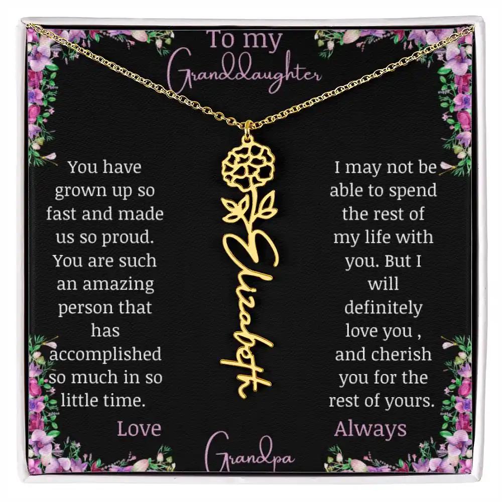 Birth Flower Name Necklace with a to granddaughter from grandpa greeting card and a flower charm.