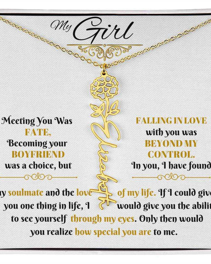 gold flower name necklace in soft box