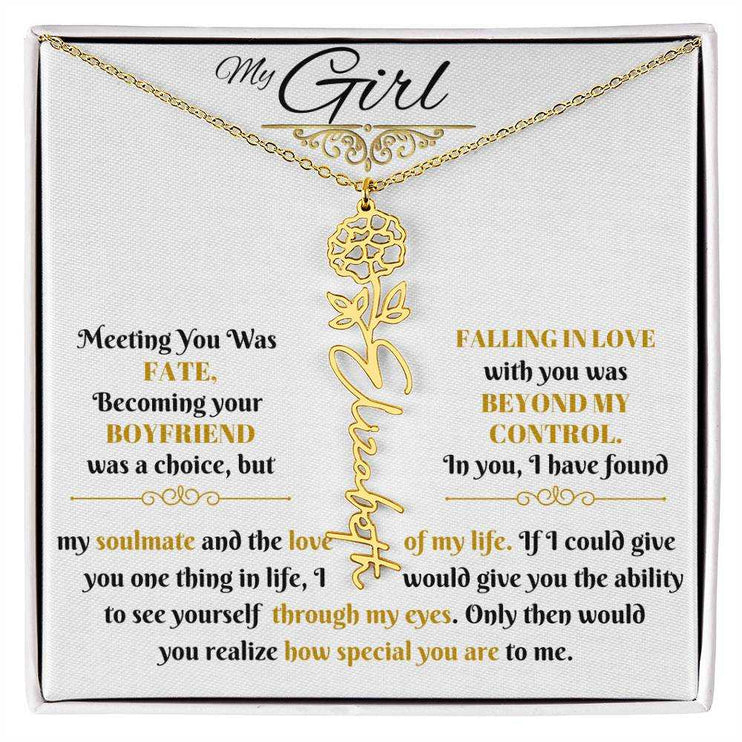 gold flower name necklace in soft box