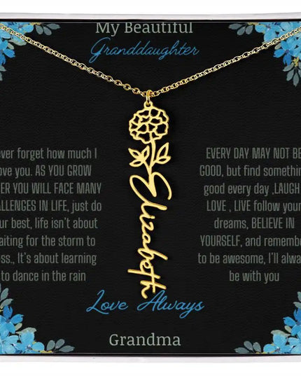 Birth Flower Name Necklace on a to granddaughter from grandma greeting card close up of a