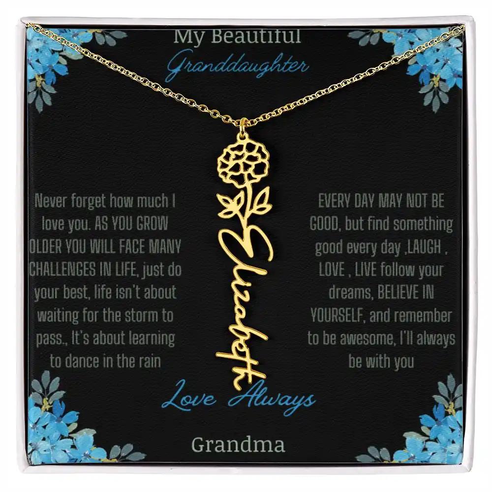 Birth Flower Name Necklace on a to granddaughter from grandma greeting card close up of a