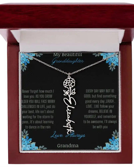 Birth Flower Name Necklace on a to granddaughter from grandma greeting card close up of a