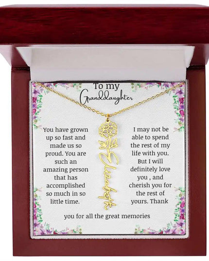 a yellow gold finish October birth flower name necklace in a mahogany box.
