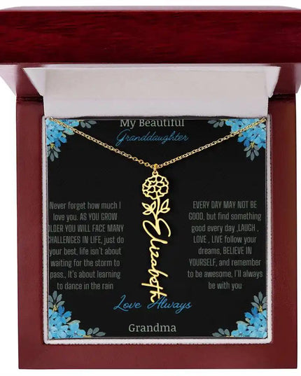 Birth Flower Name Necklace on a to granddaughter from grandma greeting card close up of a