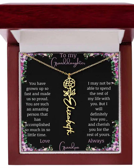 Birth Flower Name Necklace with a to granddaughter from grandpa greeting card and a flower charm.