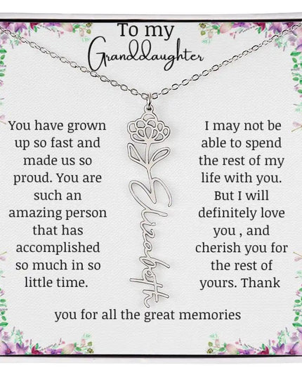 a polished stainless steel November birth flower name necklace.