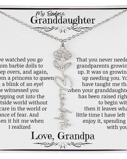 a polished stainless-steel flower name necklace.
