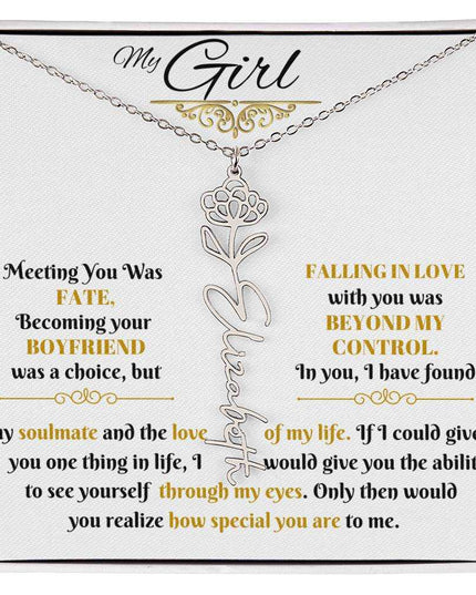polished stainless-steel flower name necklace in soft box