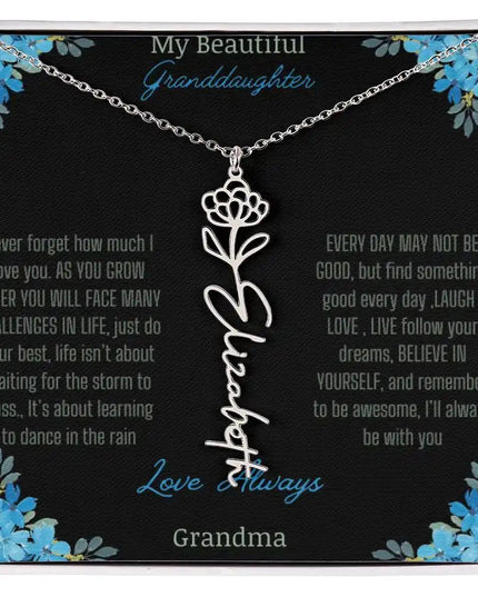 Birth Flower Name Necklace on a to granddaughter from grandma greeting card close up of a