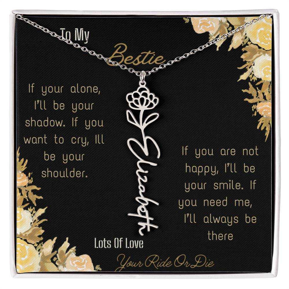 birth flower name necklace with greeting card to bestie in two tone box in polished stainless steel