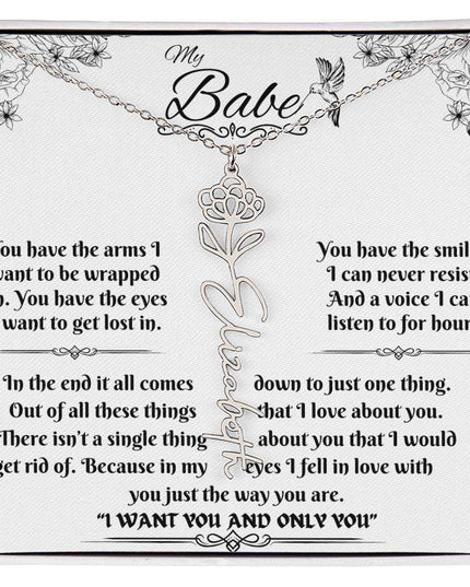 polished stainless-steel flower name necklace in soft box