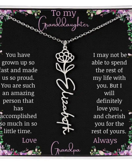 Birth Flower Name Necklace with a to granddaughter from grandpa greeting card and a flower charm.