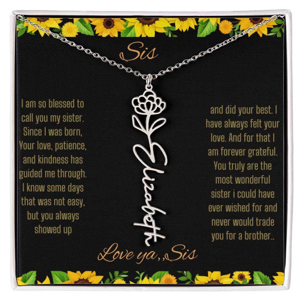 Birth Flower Name Necklace with a polished stainless-steel variant of a flower on a To Sis from Sis message card up close